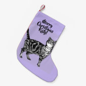 Tabby Cat Merry Christmas Purple lavender Stocking Kleine Kerstsok (Voorkant (Hangend))