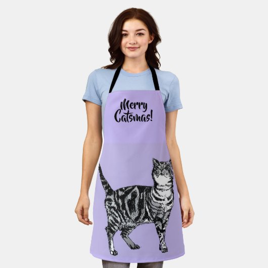 Tabby Cat Merry Christmas Purple lavender Stocking Schort (Gedragen)