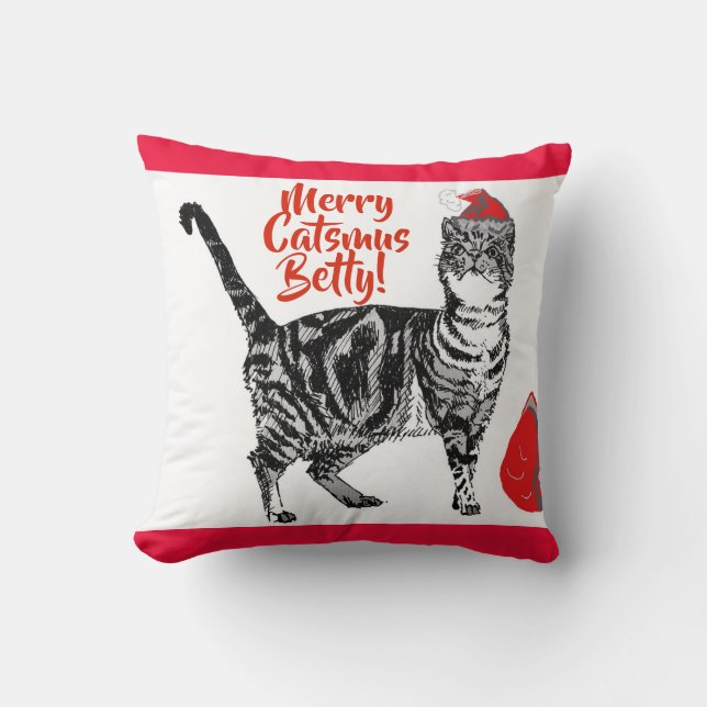 Tabby Cat Merry kerstmeisjes Naam Cushion Kussen (Voorkant)