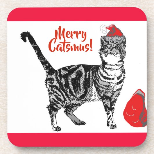 Tabby Cat Merry Kerstmis Catsmus Cushion Bier Onderzetter (Voorkant)