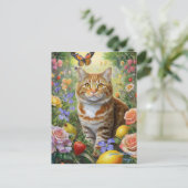 Tabby cat met bloemetjes briefkaart (Staand voorkant)