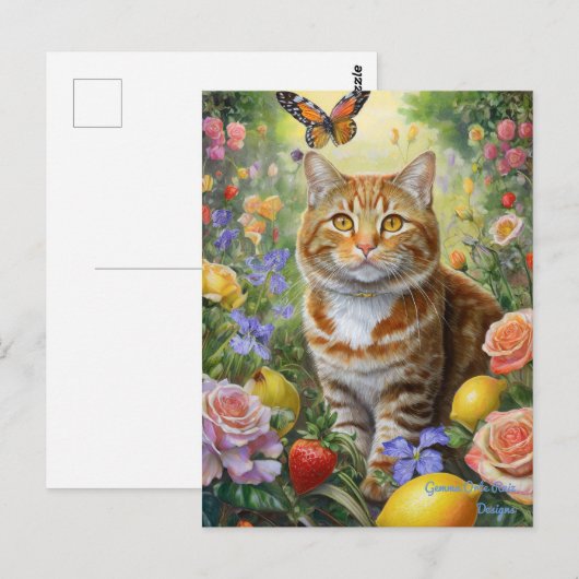 Tabby cat met bloemetjes briefkaart (Voorkant / Achterkant)
