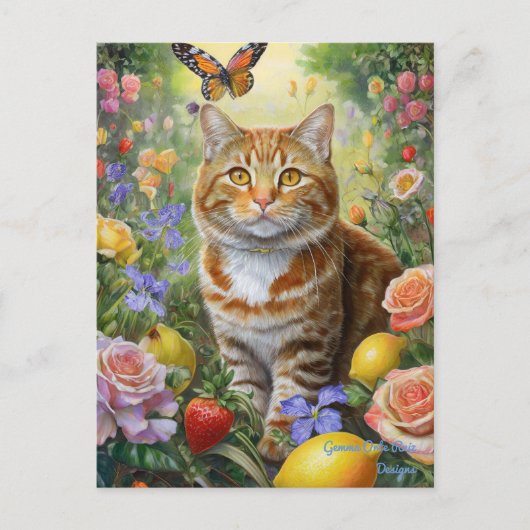 Tabby cat met bloemetjes briefkaart (Voorkant)