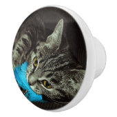 Tabby Cat met Veer van Shirley Taylor Keramische Knop (Rechts)