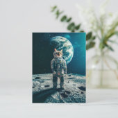 Tabby cat on moon with Earth behind Feestdagenkaart (Staand voorkant)