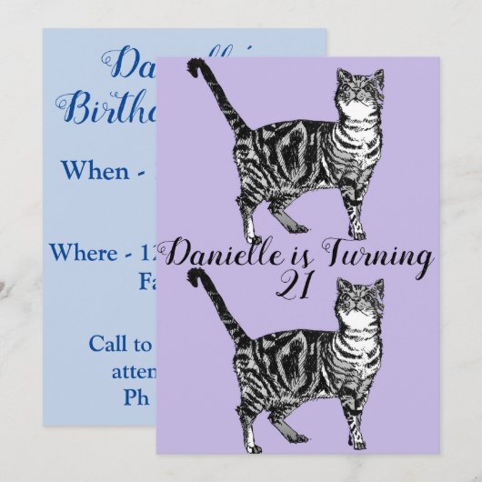 Tabby Cat Paars Art. 21e verjaardag Uitnodiging (Voorkant / Achterkant)