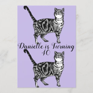 Tabby Cat Paars Art 40th Birthday Invitation Kaart
