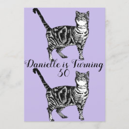 Tabby Cat Paars Art 50th Birthday Invitation Kaart