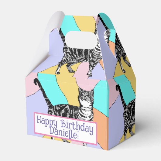 Tabby Cat Pastel Verjaardag Katten Cake Favor Box Bedankdoosjes (Voorkant Zijde)