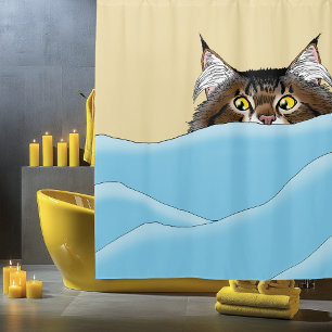 Tabby Cat Peeking Blue Funny Douchegordijn