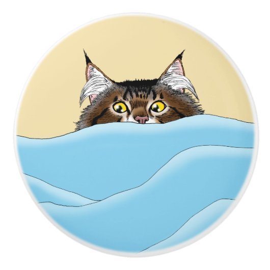 Tabby Cat Peeking Blue Funny Keramische Knop (Voorkant)