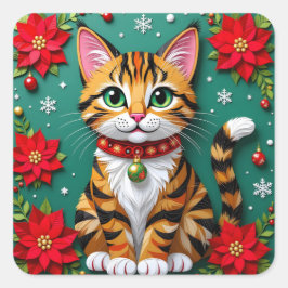 Tabby Cat, Poinsettias and Snowflakes Christmas Vierkante Sticker