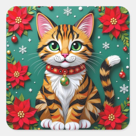 Tabby Cat, Poinsettias and Snowflakes Christmas Vierkante Sticker (Voorkant)