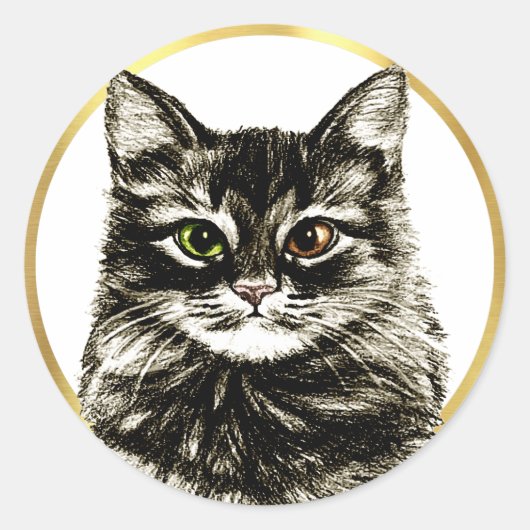 Tabby Cat Potlood Artist Tekening Goud Lijst Favor Ronde Sticker (Voorkant)