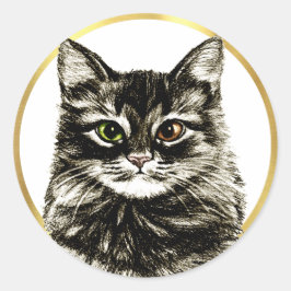 Tabby Cat Potlood Artist Tekening Goud Lijst Favor Ronde Sticker