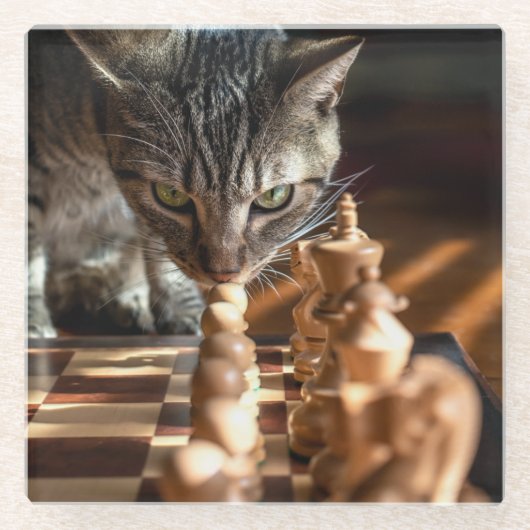 Tabby Cat Pplay Chess Glazen Onderzetter (Voorkant)