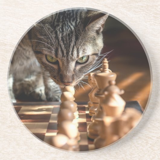 Tabby Cat Pplay Chess Zandsteen Onderzetter (Voorkant)