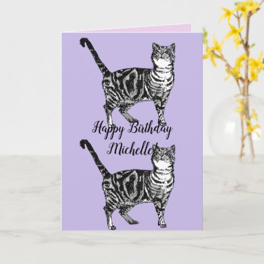 Tabby Cat Schattigee Katten Roze Kunst Tekening Ve Kaart (Gele Bloem)