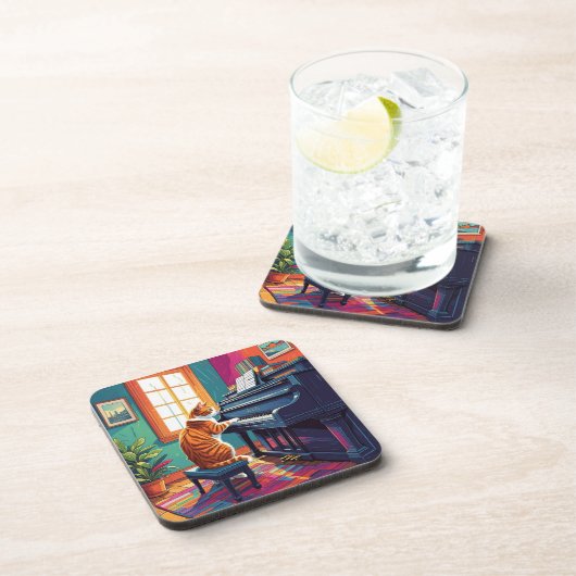 Tabby Cat speelt piano Bier Onderzetter (Rechterzijde)