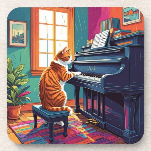 Tabby Cat speelt piano Bier Onderzetter (Voorkant)