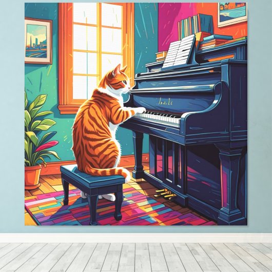 Tabby Cat speelt piano Canvas Afdruk (Insitu (Houten vloer))