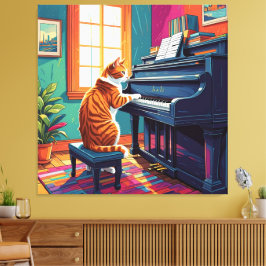 Tabby Cat speelt piano Canvas Afdruk