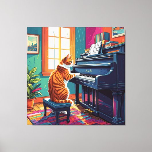 Tabby Cat speelt piano Canvas Afdruk (Voorkant)