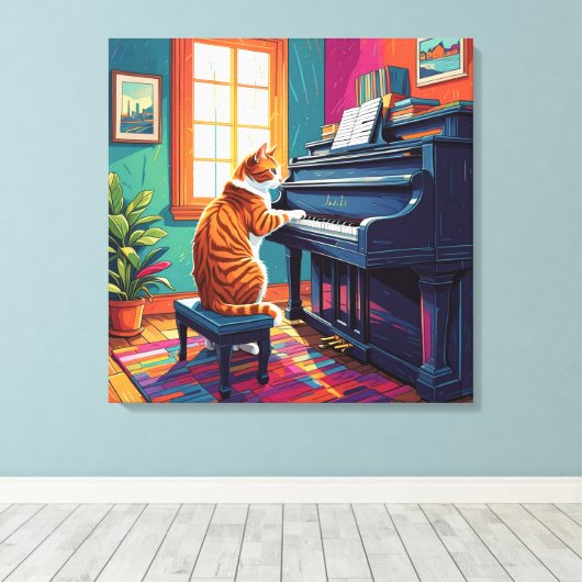 Tabby Cat speelt piano Canvas Afdruk (Insitu (Houten vloer))
