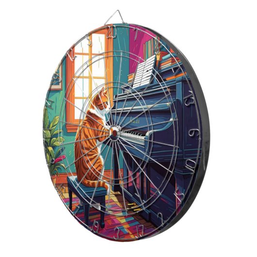 Tabby Cat speelt piano Dartbord (Voorkant Rechts)