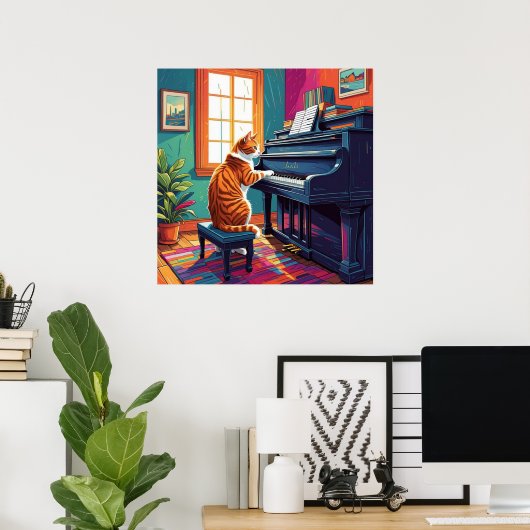Tabby Cat speelt piano Poster (Thuiskantoor)
