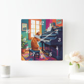 Tabby Cat speelt piano Vierkante Klok (Huis)