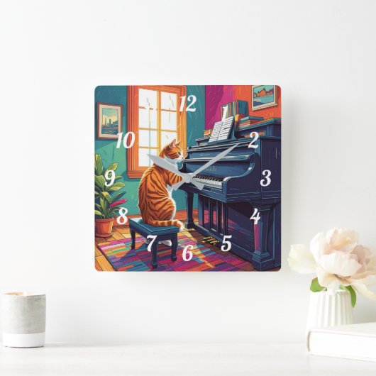 Tabby Cat speelt piano Vierkante Klok (Huis)
