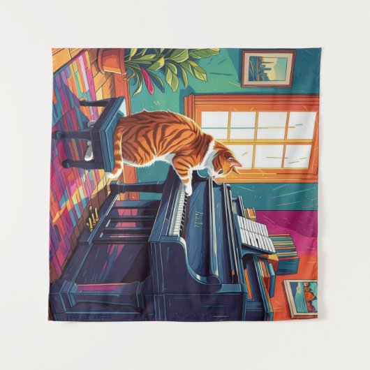 Tabby Cat speelt piano Wandkleed (Voorkant (horizontaal))