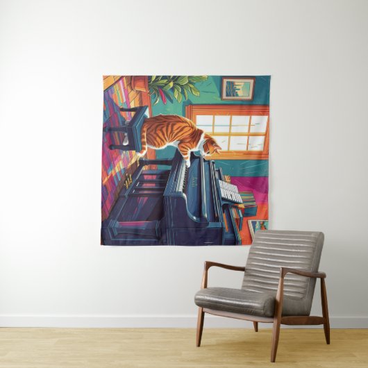 Tabby Cat speelt piano Wandkleed (In Situ (horizontaal))