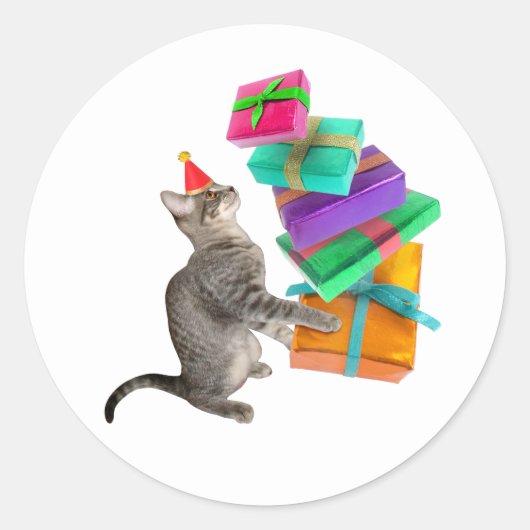 Tabby Cat Verjaardag Cadeau Stapel Ronde Sticker (Voorkant)