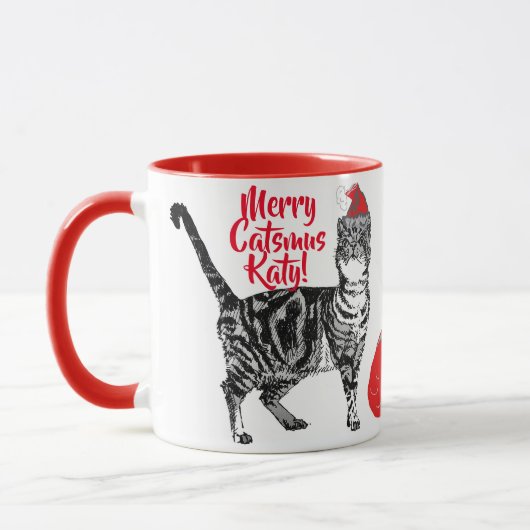 Tabby Cat vrolijke Catsmus Rood Kerstmok Mok (Links)