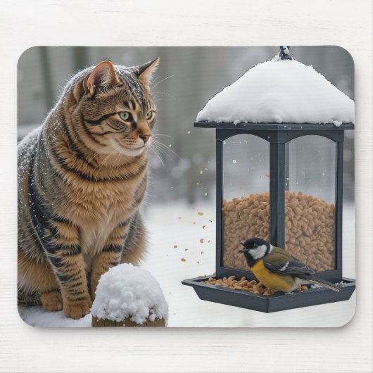 Tabby Cat Watching a Bird On a Feeder Muismat (Voorkant)