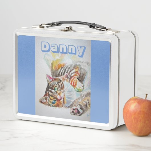 Tabby Cat Waterverf Cute Chids Name Lunch Box (In situ)