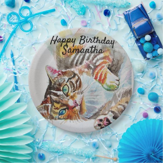 Tabby Cat Waterverf Verjaardagsfeestje Papier Bord (Feest)
