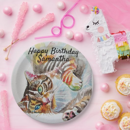 Tabby Cat Waterverf Verjaardagsfeestje Papier Bord (Feest)