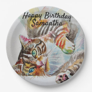 Tabby Cat Waterverf Verjaardagsfeestje Papier Bord