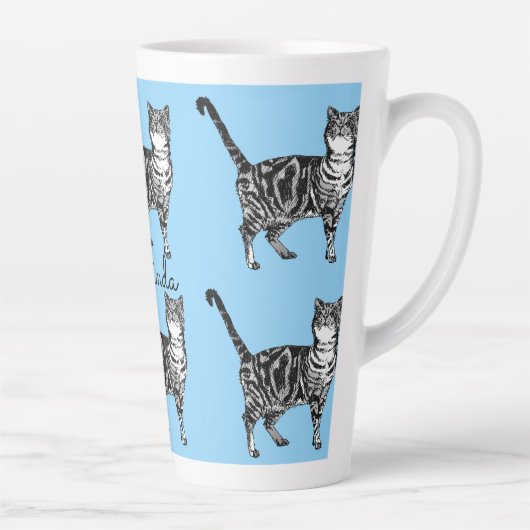 Tabby Cat Whimsical Lichtblauw Katten Latte Mok (Rechts)