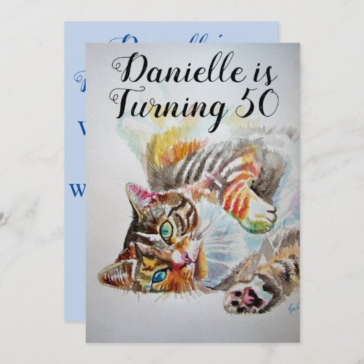 Tabby Cat Womans 50th Birthday Invitation Kaart (Voorkant / Achterkant)
