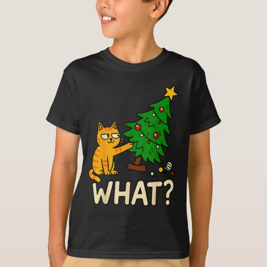 Tabby Cat Xmas Cat Pushing Christmas Tree Over Cat T-shirt (Voorkant)