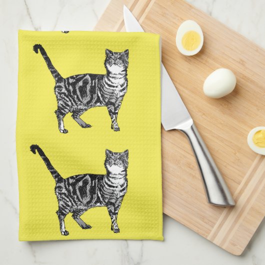 Tabby Cat Yellow Tea Towel Theedoek (Quarter Fold)