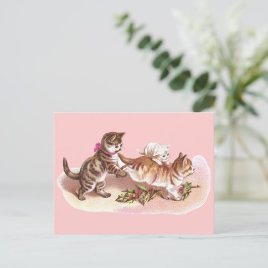 Tabby Cats & Holly Victoriaans Kerst Feestdagenkaart (Staand voorkant)