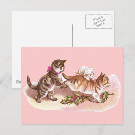 Tabby Cats & Holly Victoriaans Kerst Feestdagenkaart (Voorkant / Achterkant)