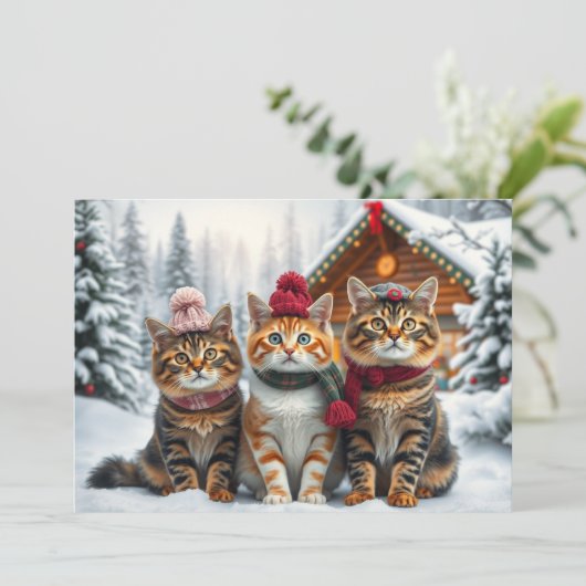 Tabby Cats in Preppy Winter Attire and Hat Winter Feestdagenkaart (Staand voorkant)