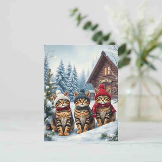 Tabby Cats in Preppy Winter Attire and Hat Winter Feestdagenkaart (Staand voorkant)