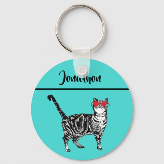 Tabby Cats 'One Cool Cat' Aqua Boys Mannen Sleutelhanger (Voorkant)